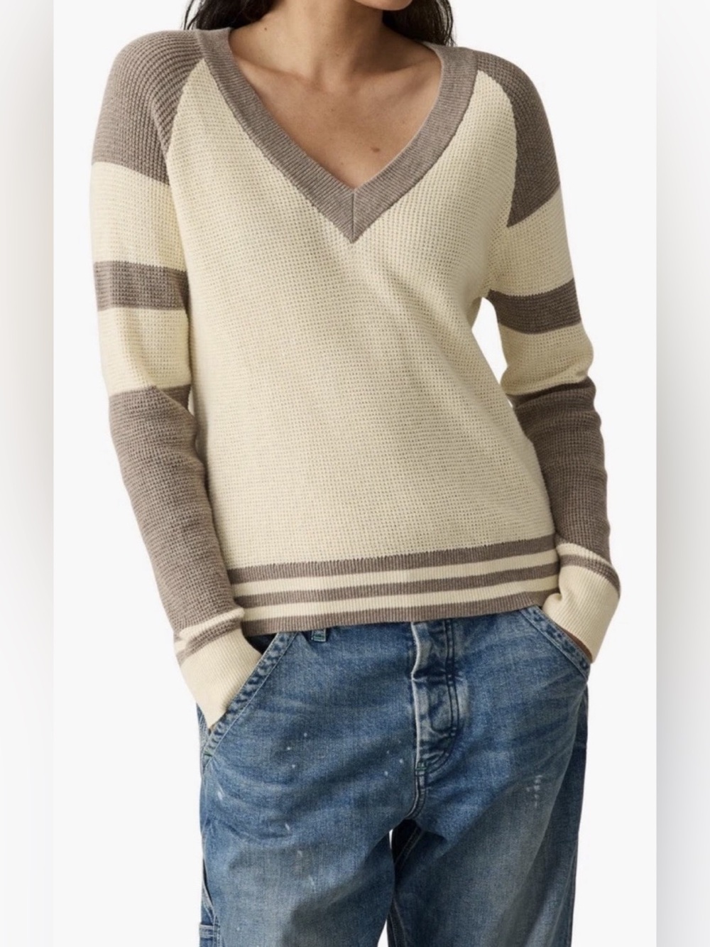 Faherty Cream & Brown Color Block V-Neck Cotton & Cashmere Sweater - Size L